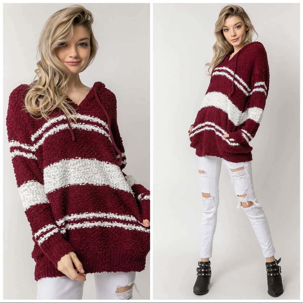 Burgundy & White Striped Popcorn Hoodie - Picture 3 of 5